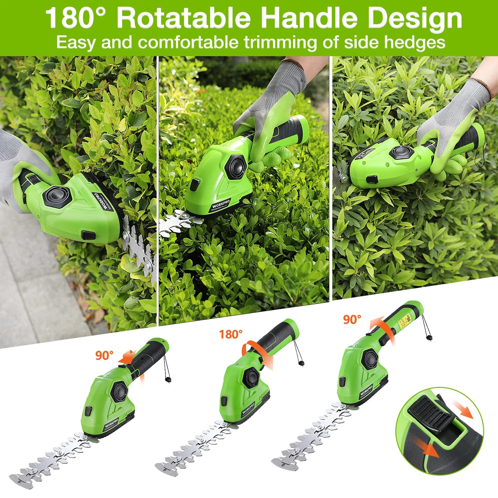WORKPRO 7.2V Handheld Hedge Trimmer, 2 in 1 Lithium-ion Cordless Garden Tools Cordless Grass Shear / Shrubber Electric Trimmer