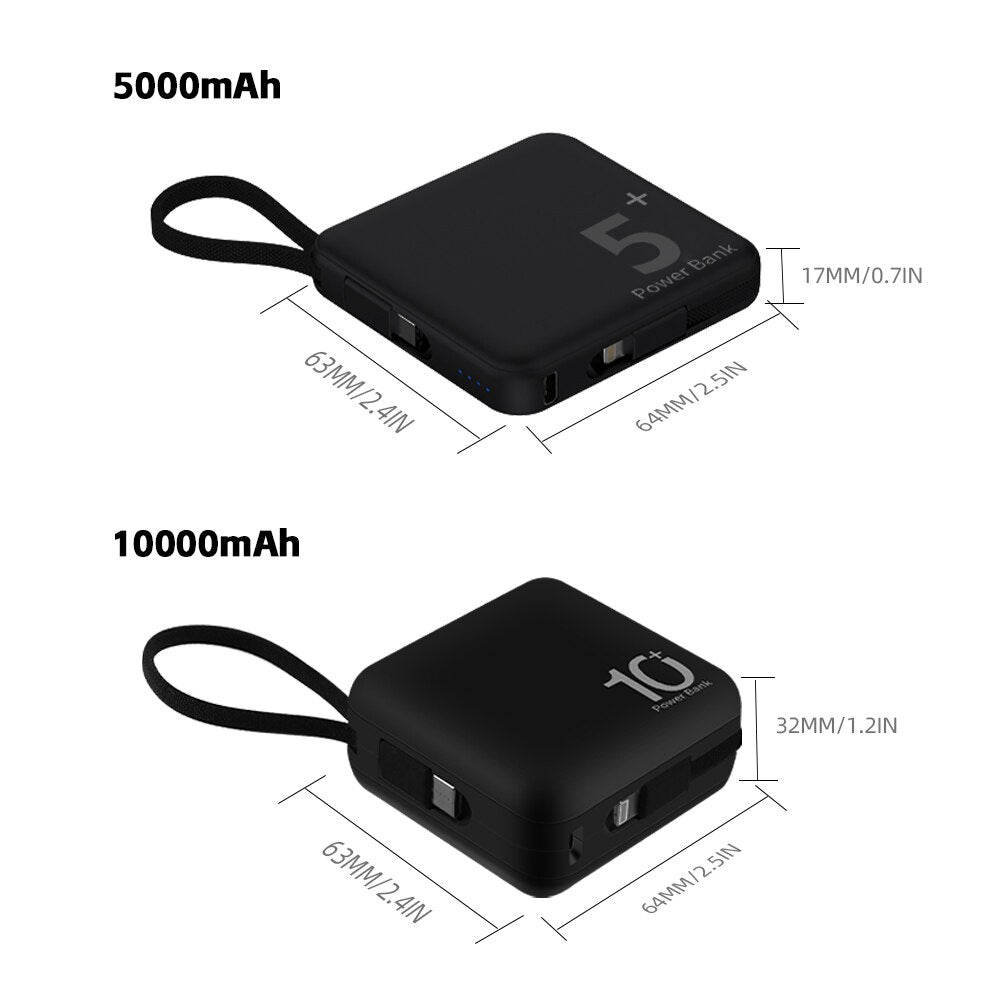 10000mAh Mini Power Bank Built in Cable PowerBank Portable Fast Charger External Battery For iPhone 14 Pro Samsung Xiaomi Huawei