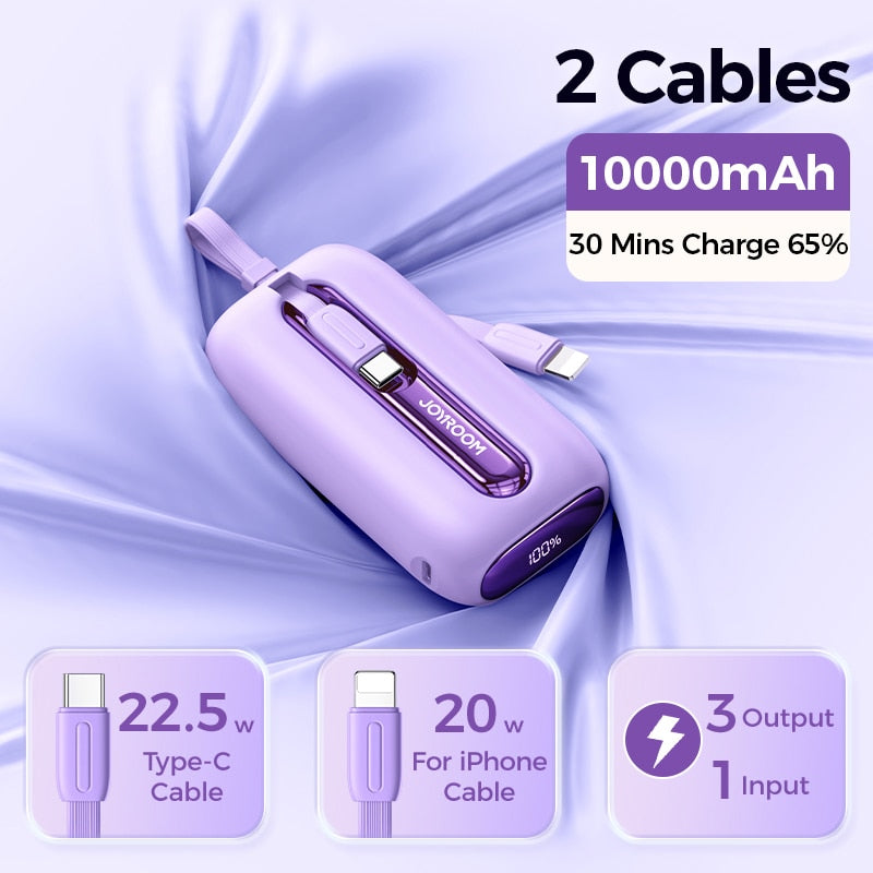 Joyroom Mini 22.5W Power Bank Fast Charging Powerbank With Type-C For iPhone Cable 10000mAh PD QC3.0 Charger For Samsung Xiaomi