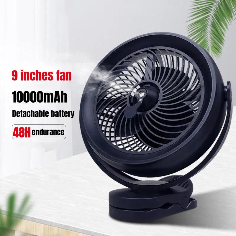 10000mAh Battery Water Cooled Spray Fan USB Rechargeable Desktop Clip Air Cooler Fan 3 Gears Ventilating Electric Table Fan