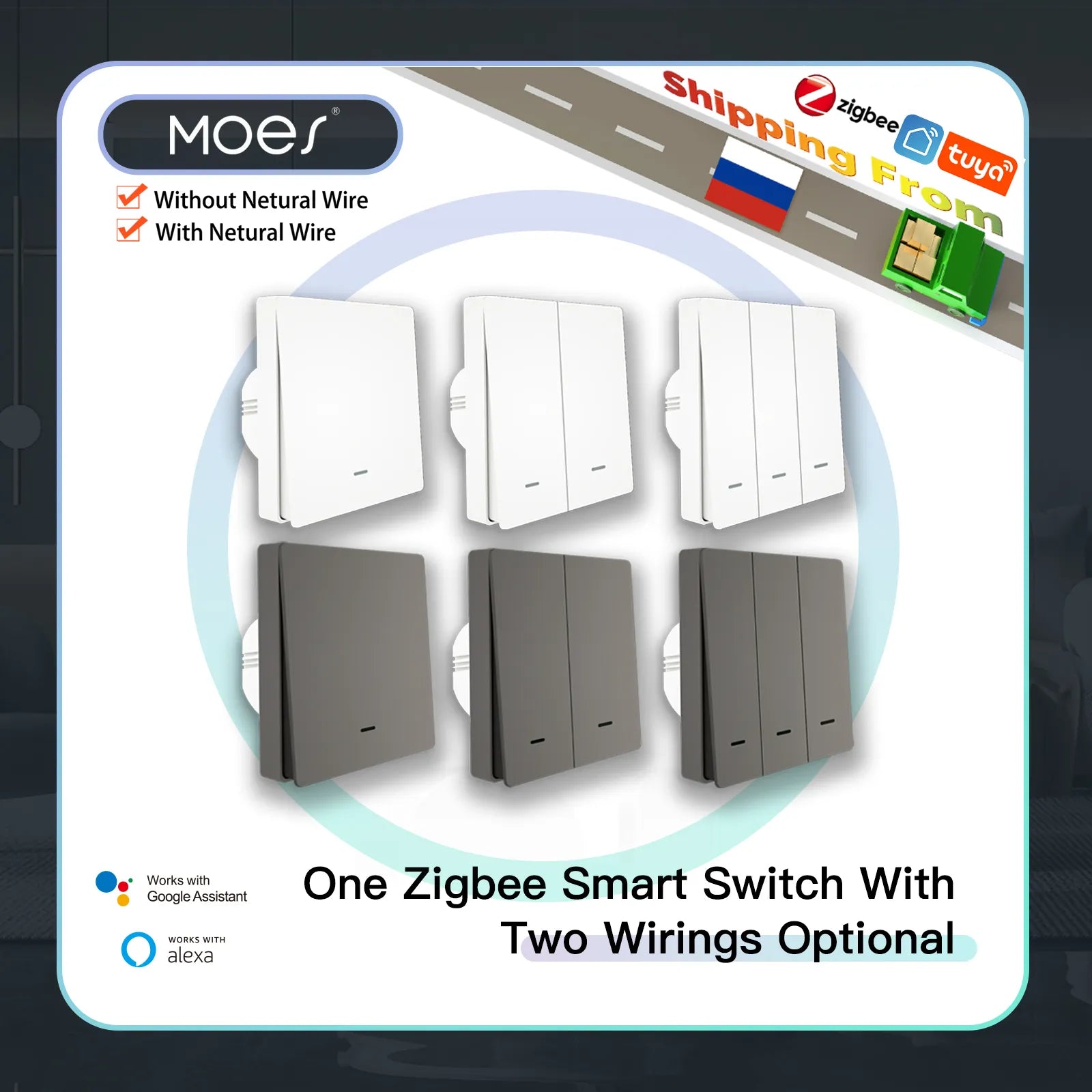 MOES Tuya ZigBee Smart Light Switch No Neutral Wire No Capacitor Needed Smart Life 2/3 Way Works with Alexa Google Home 2mqtt