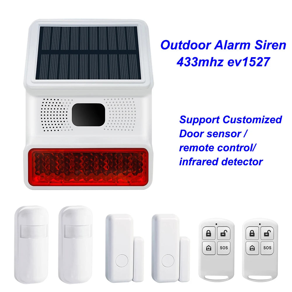 Wireless Solar Alarm Siren Outdoor Sound Light Flash Alarm Horn Work With 433MHZ Remote Control door Sensor Infrared Detector