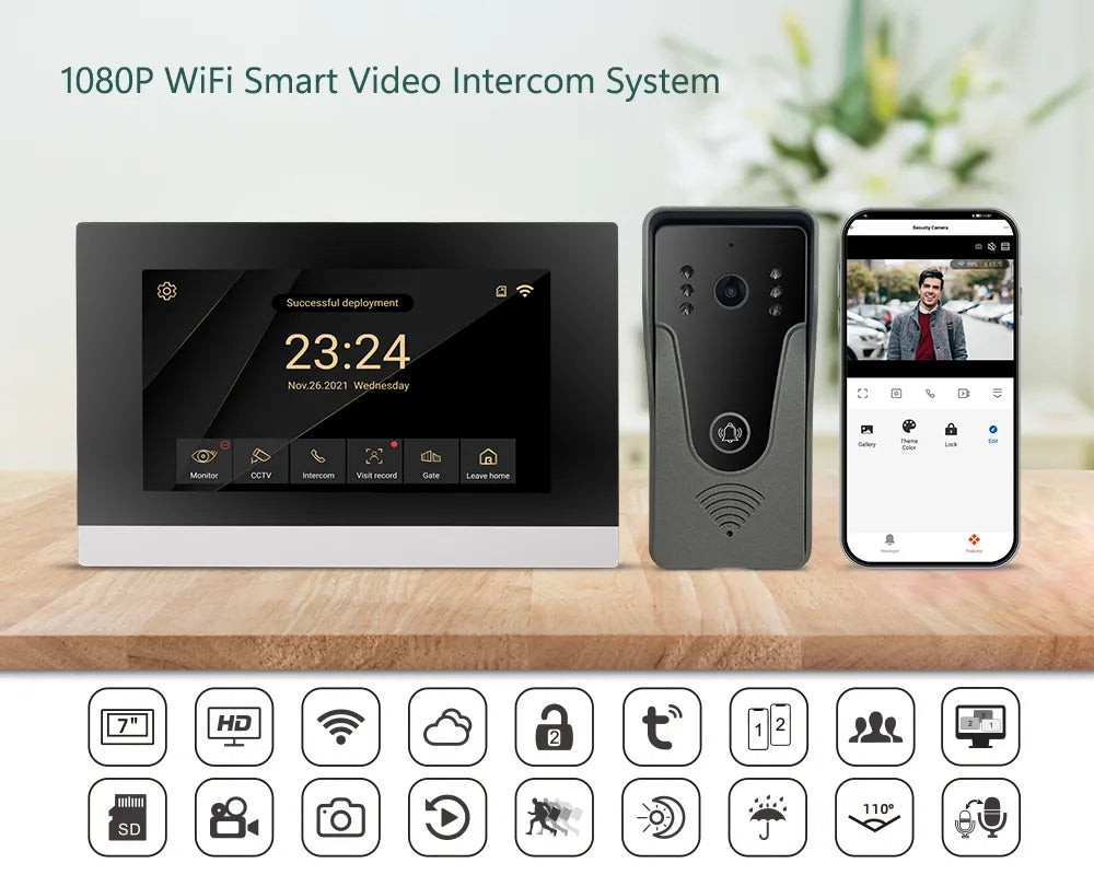 1080P Video  Intercom System DoorPhone for Home Wireless WiFi Smart Video Doorbell  with Wired Doorbell TUYA APP