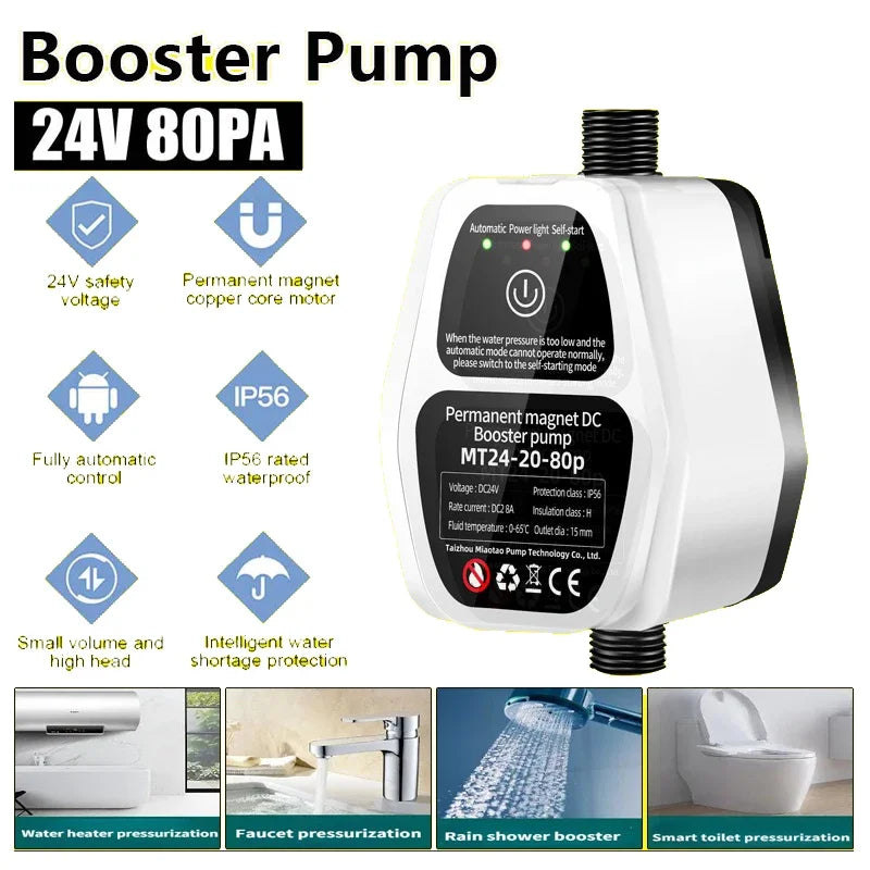 Water Pressure Booster Pump DC 24V 80pa Water Pressurizing Pumps for Home Solar Water Heater Shower Kitchen Sink