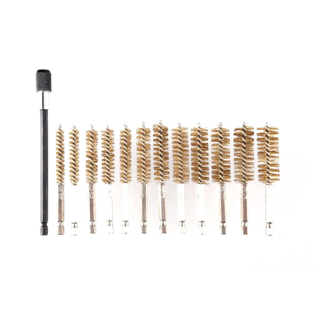 12pcs Electric Impact Drill Hex Shank Brush Car Paint Remover Wire Rust Cleaner with Rod Machinery Polishing Grinding Tool Set