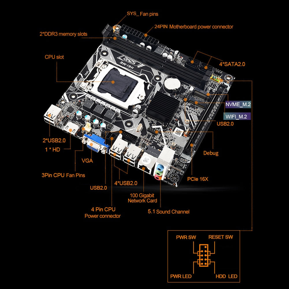 H61-ME 16GB Mini ITX Motherboard LGA 1155 Supports NVME M.2 and WIFI Bluetooth Ports VGA/HD/SATA2.0 Interface PC DDR3 base