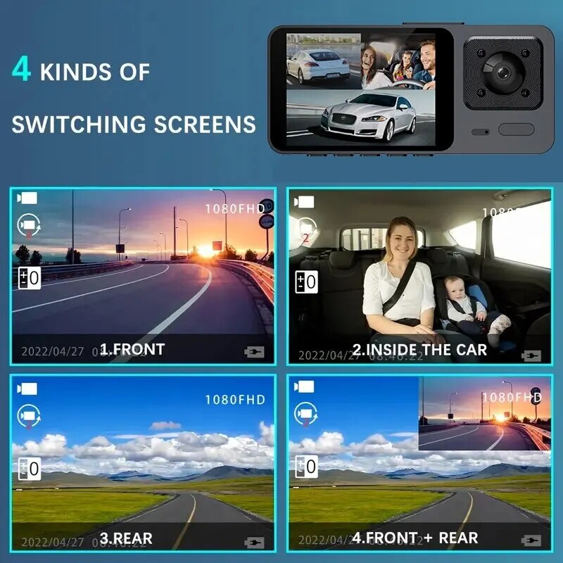 3 Channel Car DVR HD 1080P 3-Lens Inside Vehicle Dash CamThree Way Camera DVRs Recorder Video Registrator Dashcam Camcorder