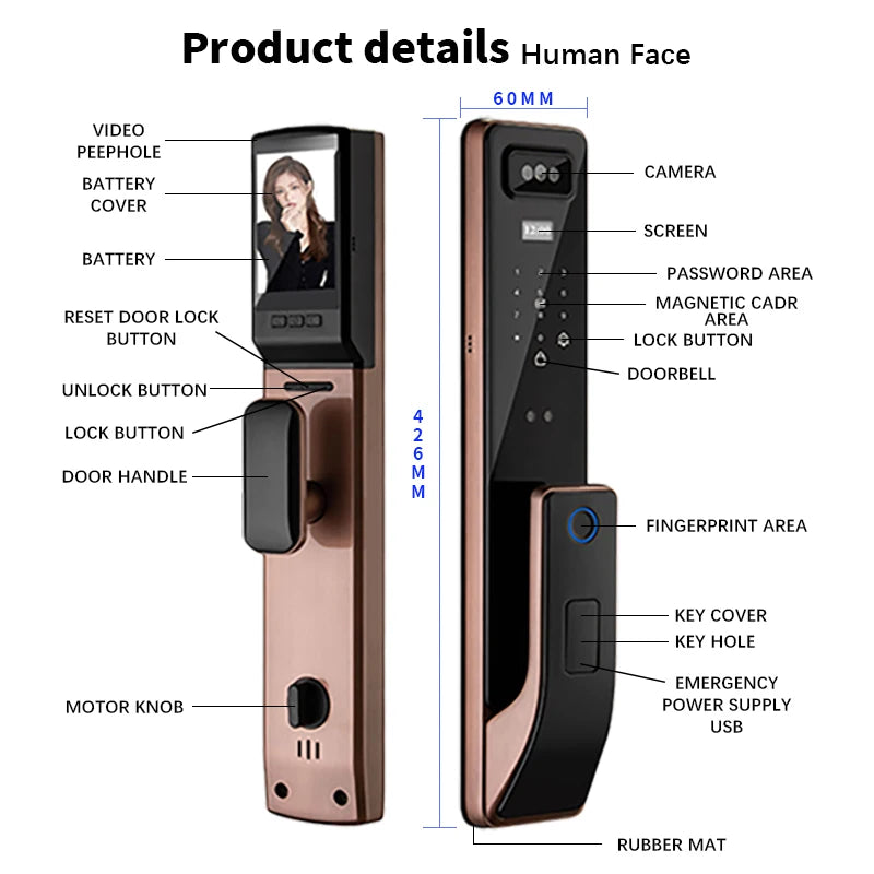 Tuya3D Face Recognition Smart Door Lock Security Camera Wifi Tuya APP Remote Control Voice Real-time Intercom Digital Electronic