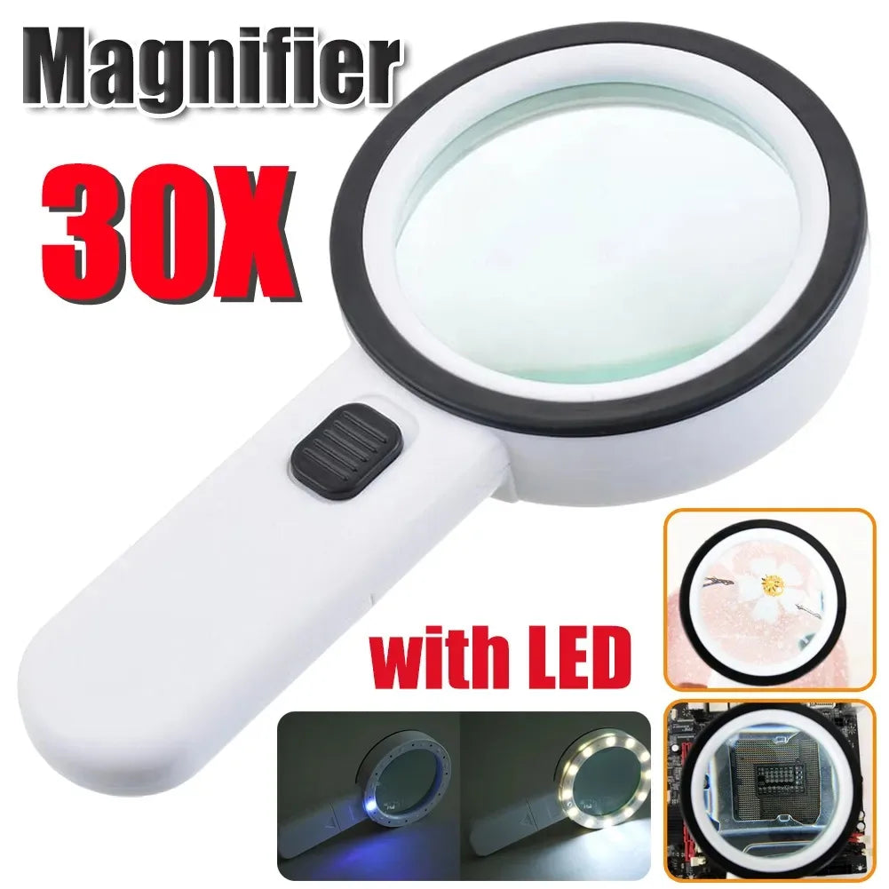 30X Magnifier Handheld LED Glasses With Illumination Microscope Magnifying Glass Lens Reading Jewelry Glass Repair Tool