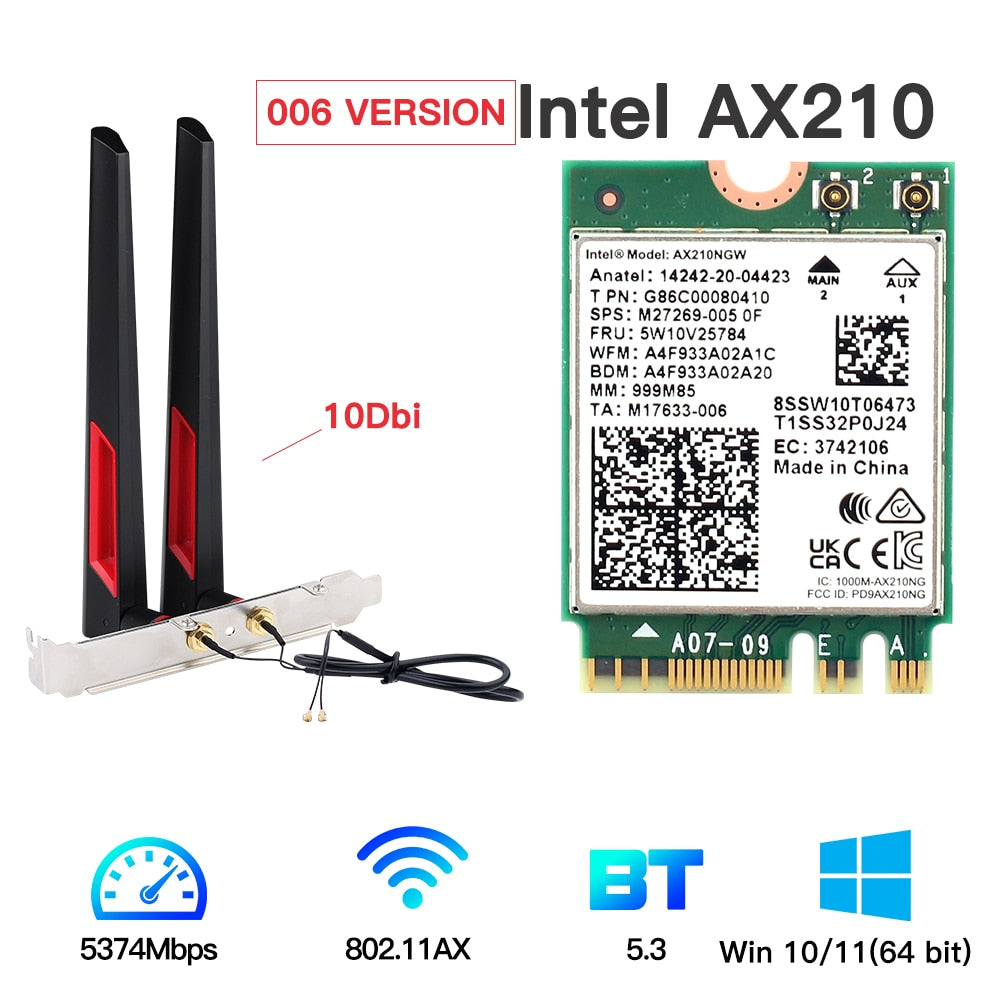 Tri Band 5374Mbps Wifi 6E Intel AX210 M.2 Wifi Wireless Card Bluetooth 5.3 802.11ac/ax AX210NGW With 10dbi Antennas For Win 10