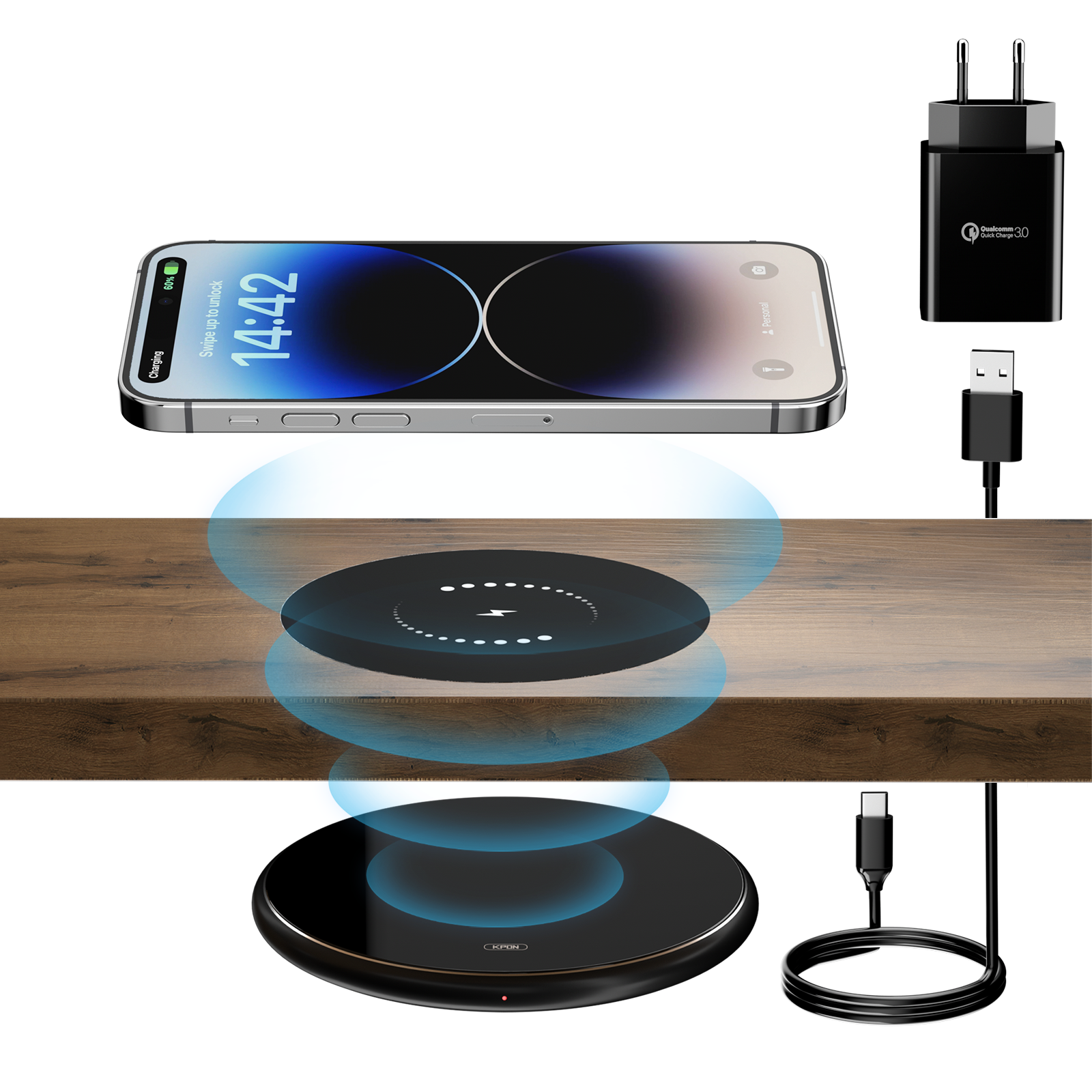 KPON Invisible Wireless Charger Hidden Long Distance Wireless Phone Charger Under Desk QI 10W Furniture Wireless Charging Pad