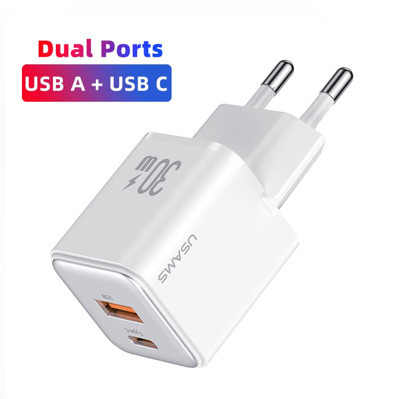 USAMS Dual USB Fast Charger 30W Type C PD Quick Charge 3.0 Phone Charger for iPhone 14 13 12 11 Pro Max Xiaomi Samsung Tablets