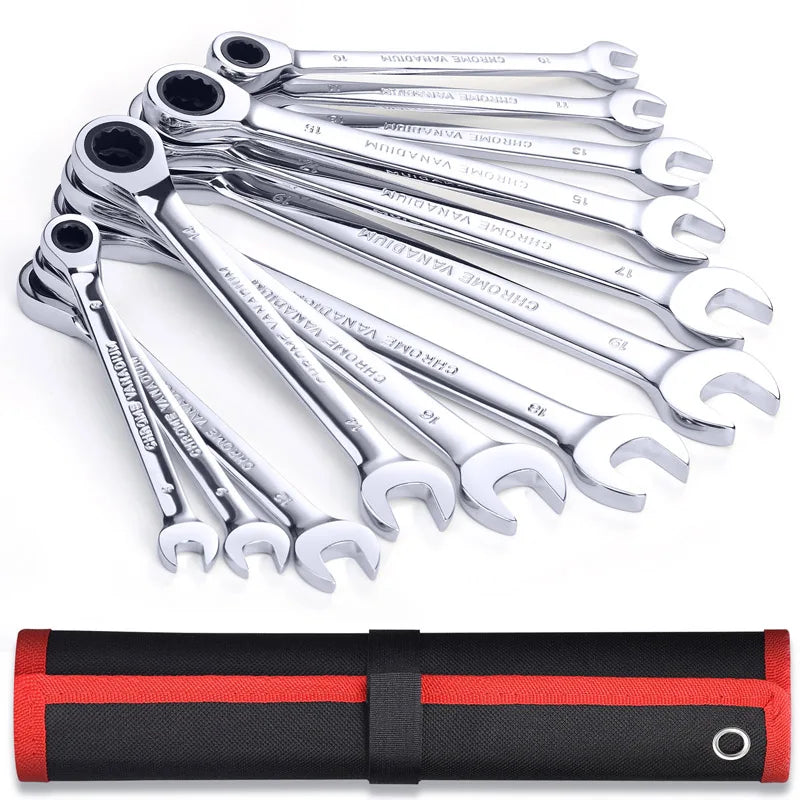 Ratcheting Wrench Set Metric CR-V Full Polished 12-Point Box End Combination Spanner Gear Wrench Garage Tool Set for Mechanics