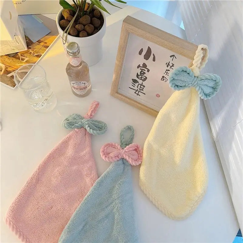Bow Hand Towel Coral Fleece Hanging Band Towel Highly Absorbent Quick Drying Thickened Cleaning Cloth for Home Kitchen Bathroom