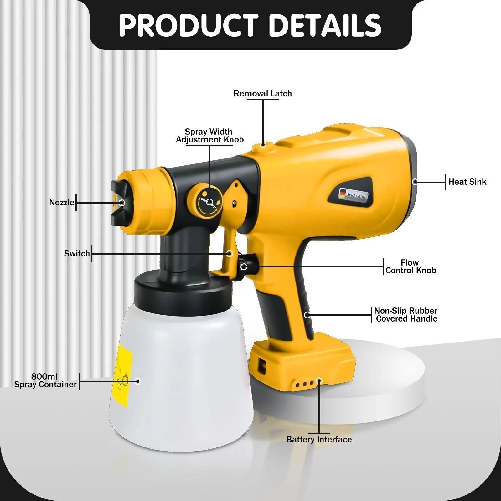 800ML Handheld Electric Spray Gun For Dewalt 18V 20V Lithium Battery Cordless High Power Paint Sprayer with 3 Spray Patterns