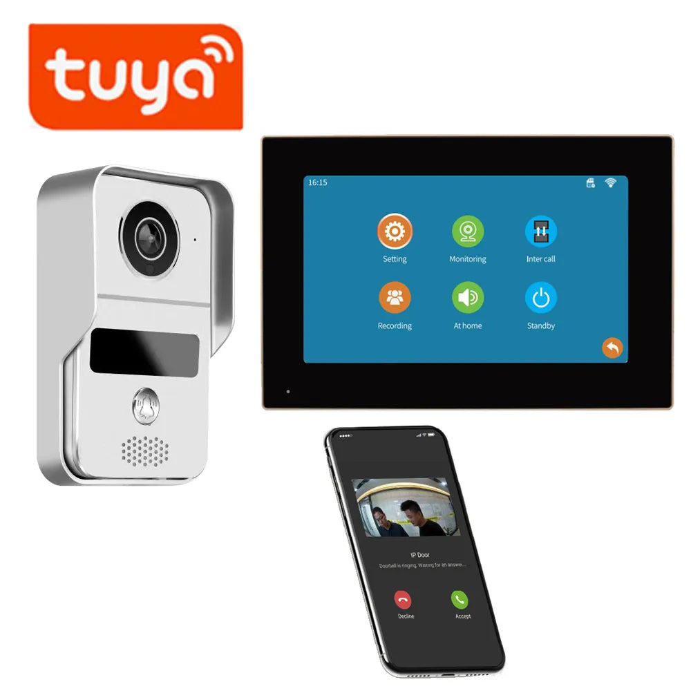 WiFi TUYA Smart APP 7 Inch 1080P Home Intercom Kit Wireless Video Door Phone Wired Doorbell for Villa Flat RFID Access Control