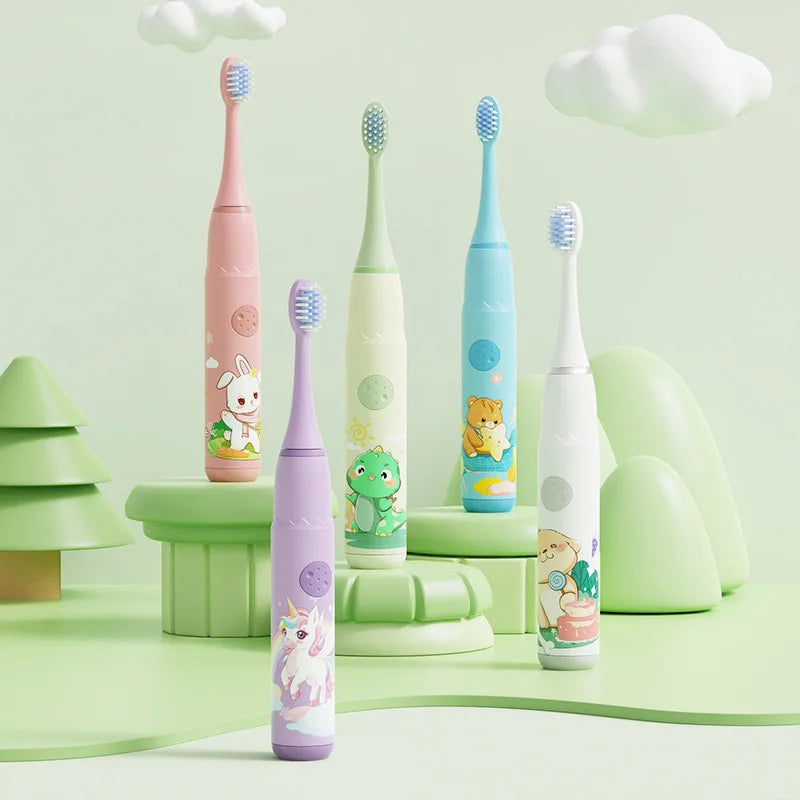 Children Electric Toothbrush With Replacement Head Cartoon Kids Ultrasonic IPX7 Waterproof Rechargeable Sonic Clean Toothbrush