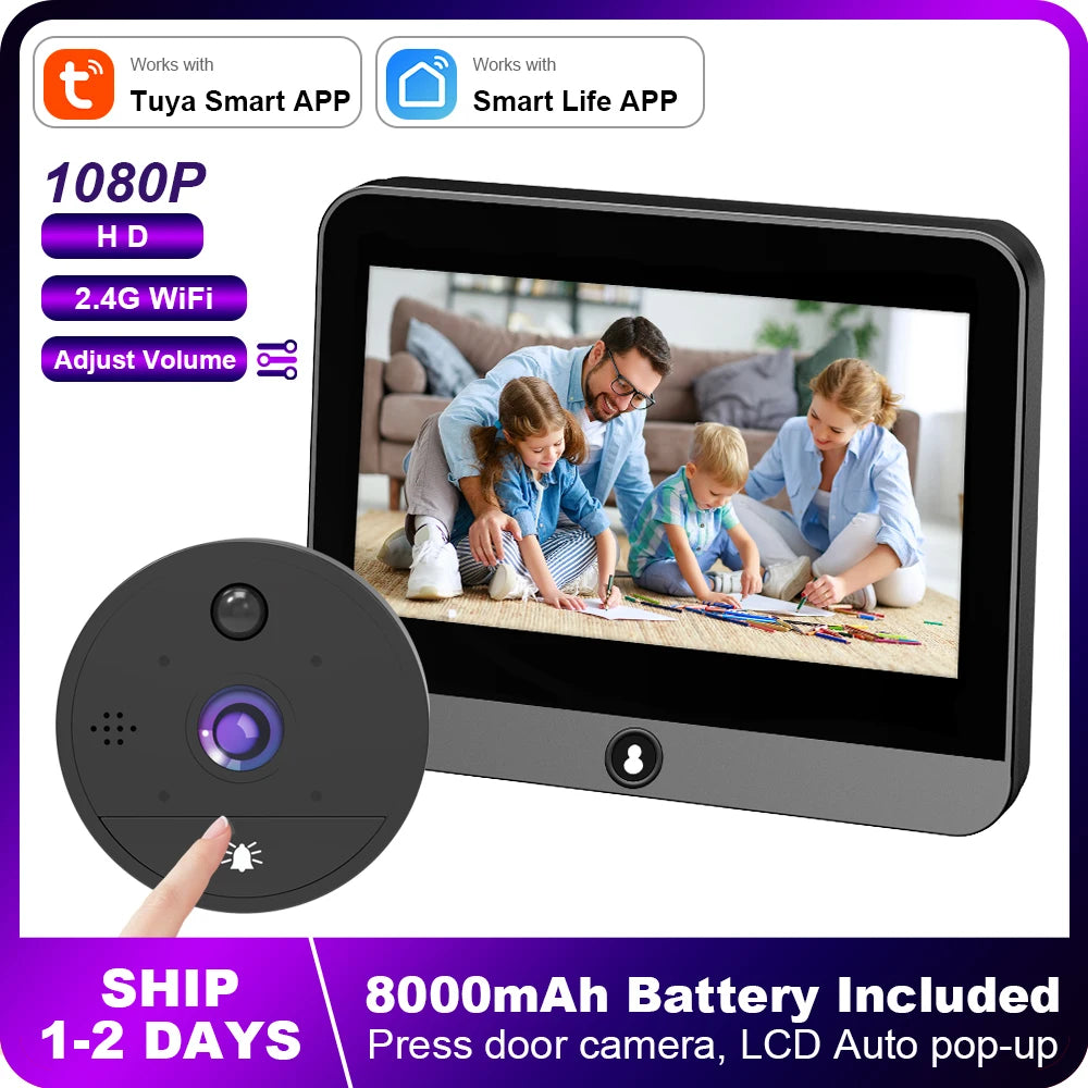 Tuya Smart 8000mAh Battery 1080P Door Peephole WiFi Camera 4.3' Infrared Light Intercom Door Cameras Wireless Doorbell for Home