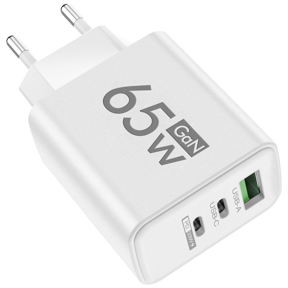 65W GaN Fast Charger Adapter Type C PD Quick Charge Mobile Phone Wall Charger Multiple Charging Ports for IPhone Huawei Xiaomi