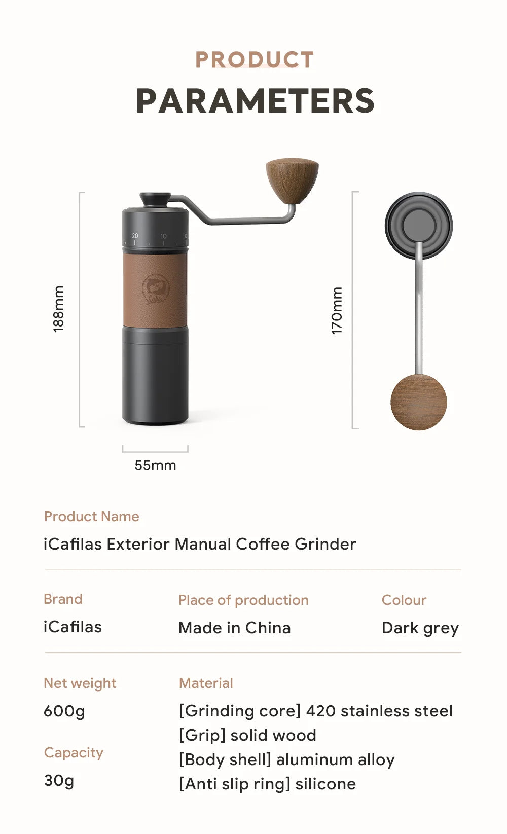 iCafilas Manual Coffee Grinder Portable Adjustable 420 Stainless Steel Professional Coffee Accessories Anti-Skid Collar Silisone