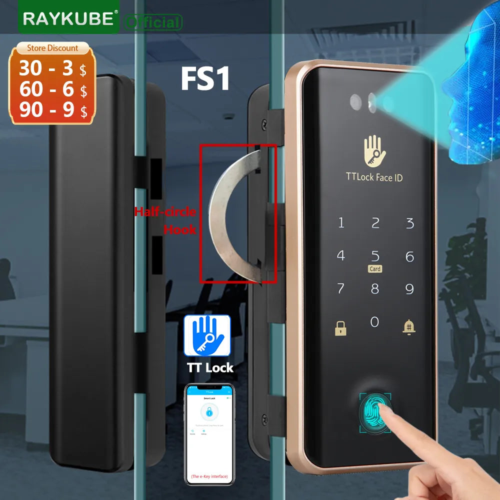 RAYKUBE FS1 TT Lock 3D Face Recognition Smart Lock With Half-circle Hook Biometric Electronic Fingerprint Unlock Glass Door Lock