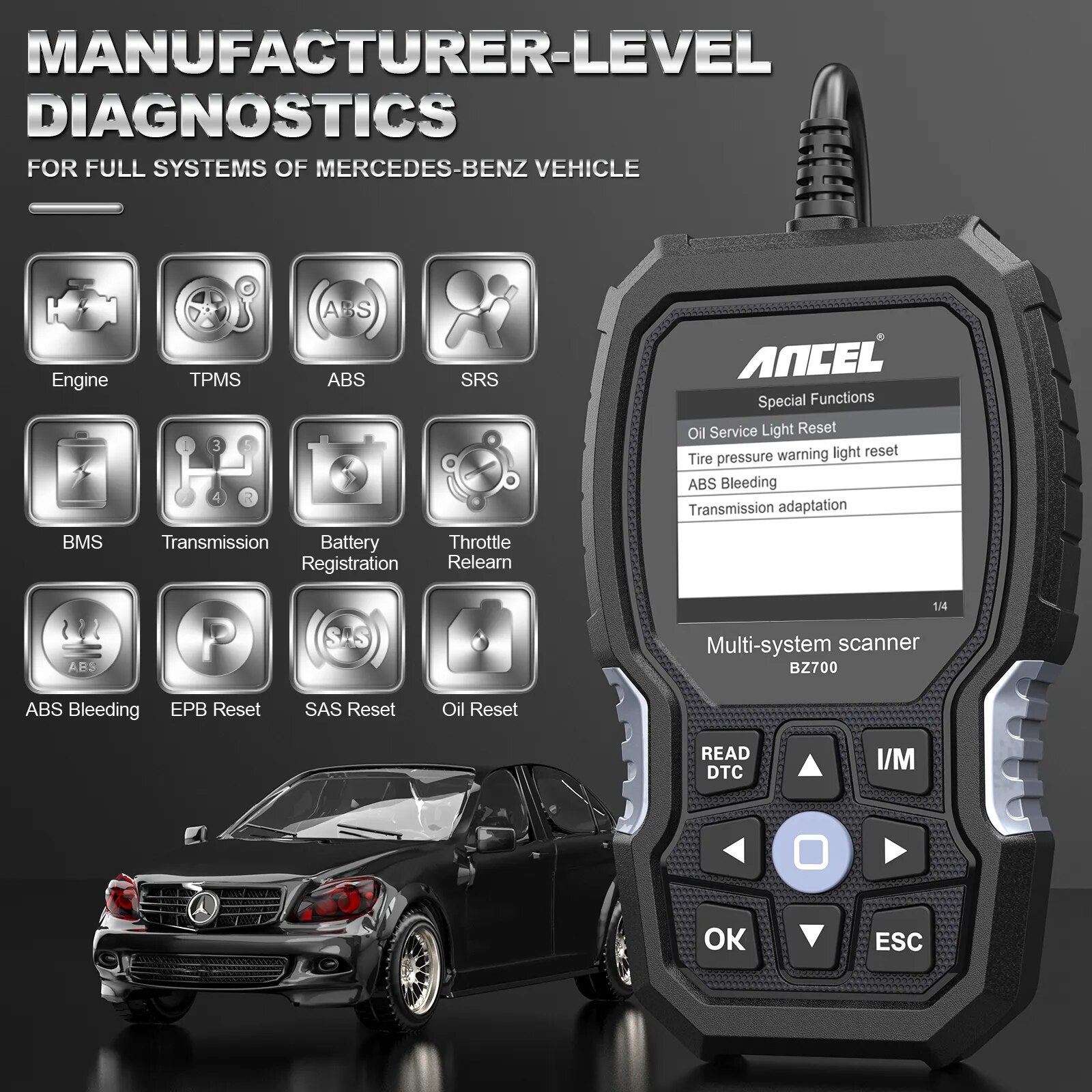 ANCEL BZ700 Professional OBD2 Scanner For Mercedes Benz Car Code Reader ABS SRS SAS TPMS Reset Scan Tool Engine Diagnostic Tool