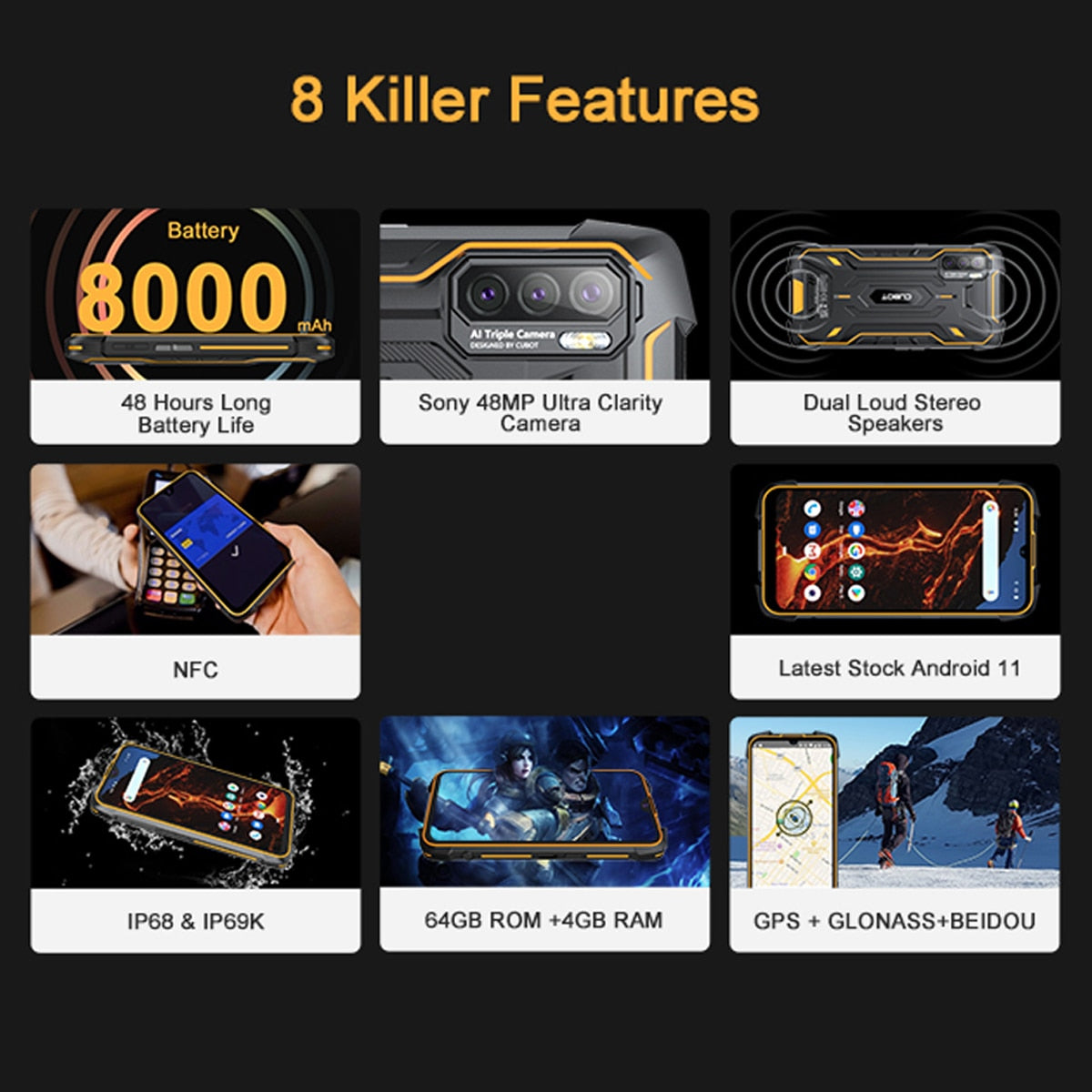 Cubot KingKong 5 Pro Rugged Smartphone 6.088" IP68/IP69K 8000mAh Cellphone Android 11 OS 48MP Triple Camera 4GB+64GB Phone