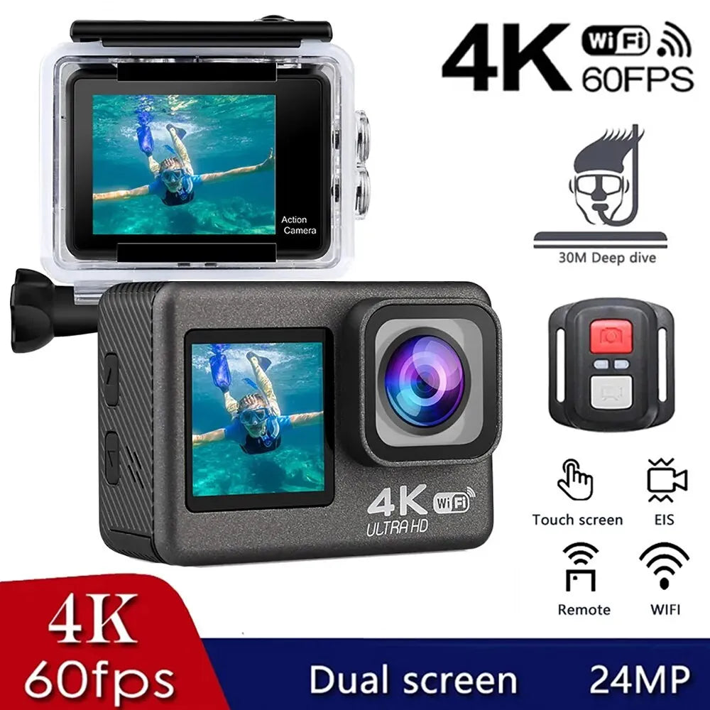 Action Camera 4K 60FPS 24MP 2.0 Touch LCD EIS Dual Screen Wi-Fi 170D 30m Waterproof Remote Control 4X Zoom Go Sports Pro Cam