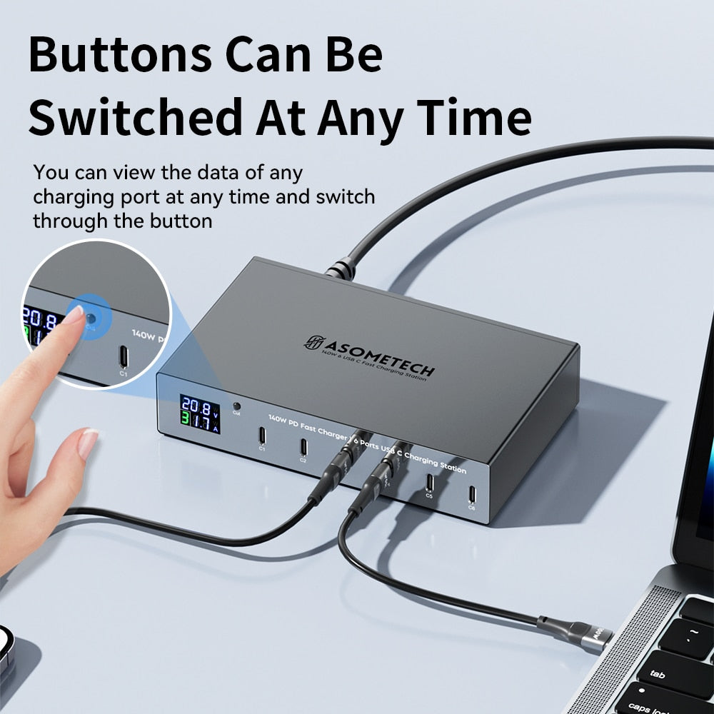 140W 6 Ports USB C Fast Charger PD 30W Type C Charging Station With Digital Display For IPhone 14 13 Pro Max Samsung Xiaomi Ipad