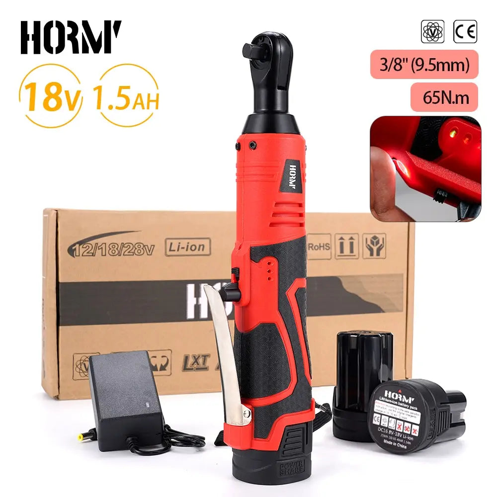 Hormy 3/8 Inch Cordless Electric Wrench 65Nm Right Angle Ratchet Wrenches 18V Rechargeable Car Repair Tool Set Angle Wrench
