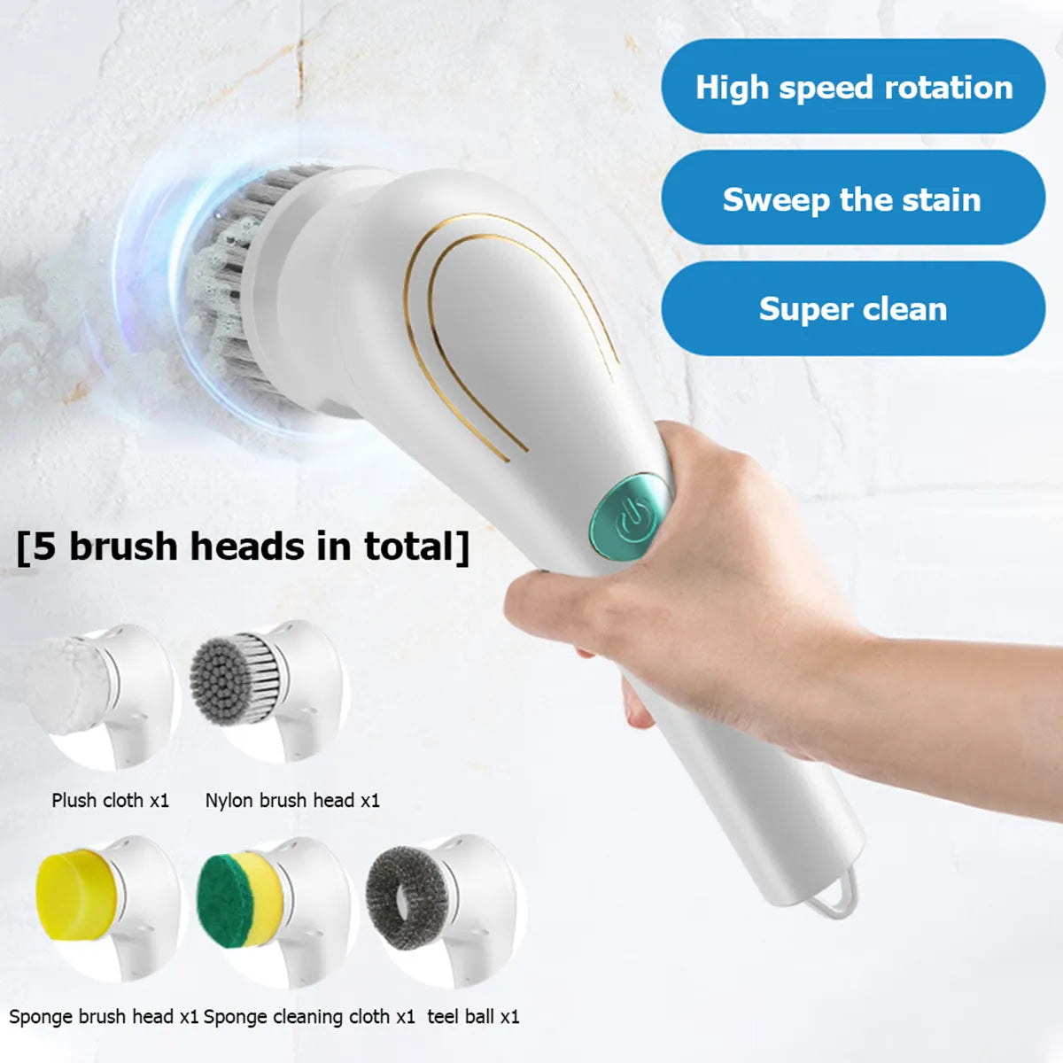 Electric Cleaning Brush Spin Scrubber with 3/5 Brush Heads Reusable IPX7 Waterproof 360° Rotating Household Cleaning Tools