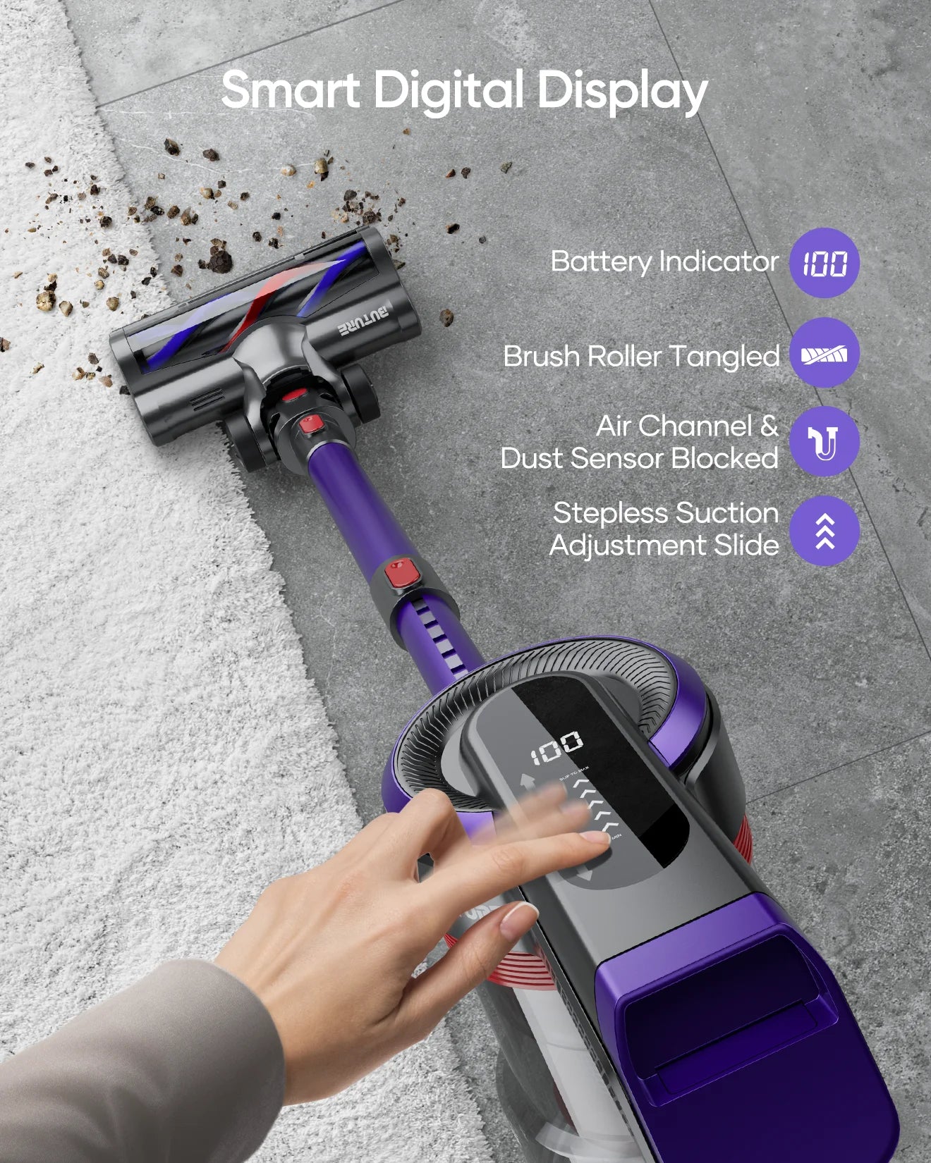 BUTURE 400W 33Kpa Handheld Wireless Cordless Cleaner Vacuum with Touch Display and 1.2L Large Dust Cup for Floor Carpet Car Pet