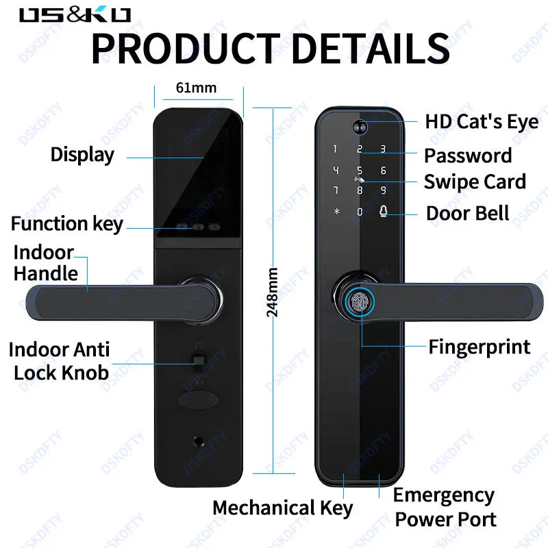 Tuya wifi Digital Electronic Lock with Camera Smart Door Lock With Battery Biometrics Fingerprint APP remotely Unlock for Home