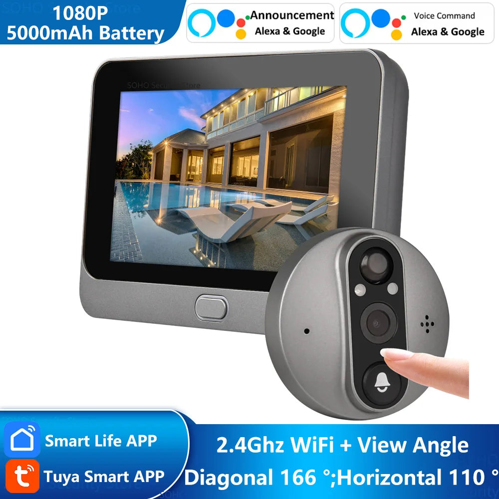 Smart Life Tuya 1080P WiFi Door Bell Eye Peephole Camera 5000mAh Battery PIR Motion Detector IR Alexa Google Home Digital Viewer