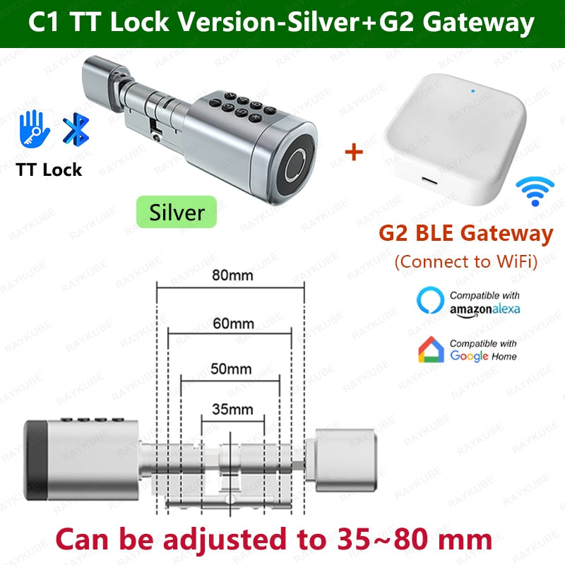 RAYKUBE C1 Tuya BLE TT Lock Smart Door Lock with 2-Ways-Adjustable Cylinder Length Fingerprint Password APP Key IC Card Unlock