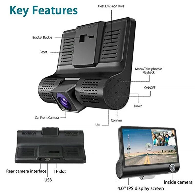 Car DVR HD Large Screen 3 Cameras Video Recorder Three-Way Camera Driving Safety Recorder Reversing Image