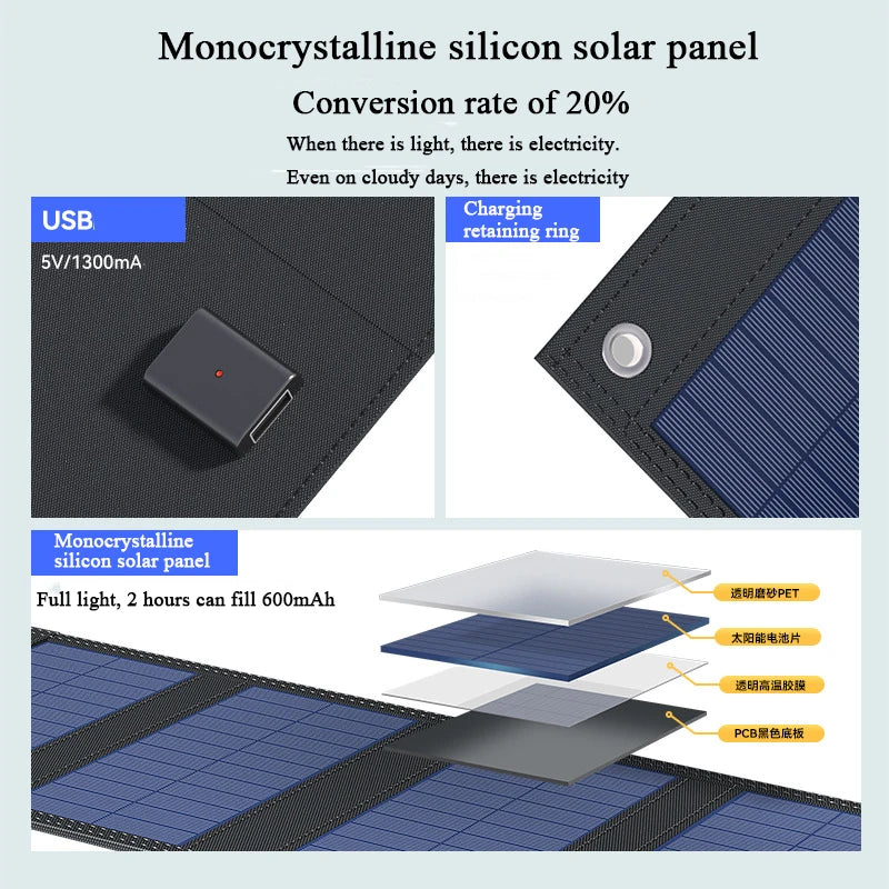 6000mAh 8W 5V USB Portable Foldable Waterproof Solar Panel Cells Portable Outdoor Battery Cells Charger For Camping Hiking