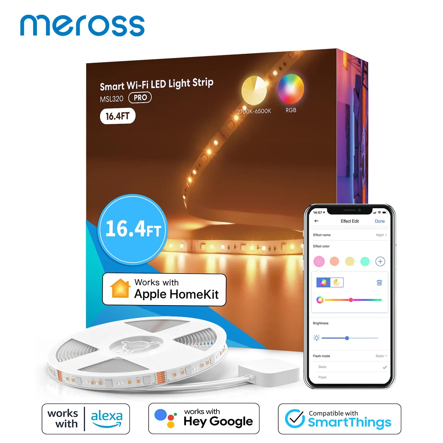 Meross Wi-Fi Smart Light Strip WiFi Tunnable RGBCW Lighting US/EU Version Support HomeKit Alexa Google Assistant SmartThings 5M