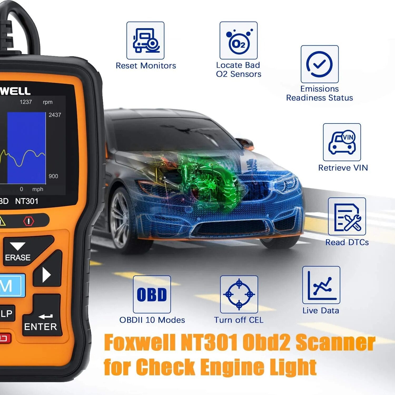 FOXWELL NT301 OBD2 Scanner Check Engine Light Code Reader EOBD OBD 2 Automotive Scanner Car Auto Diagnostic Tools  PK ELM327
