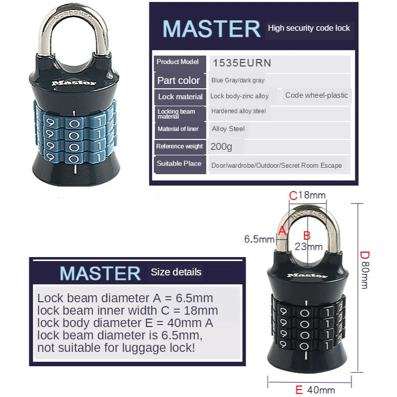 Master Lock 1535D Mini Digits Lock Number Password Combination Padlock Safety Travel Security Lock for Luggage Lock Padlock Gym