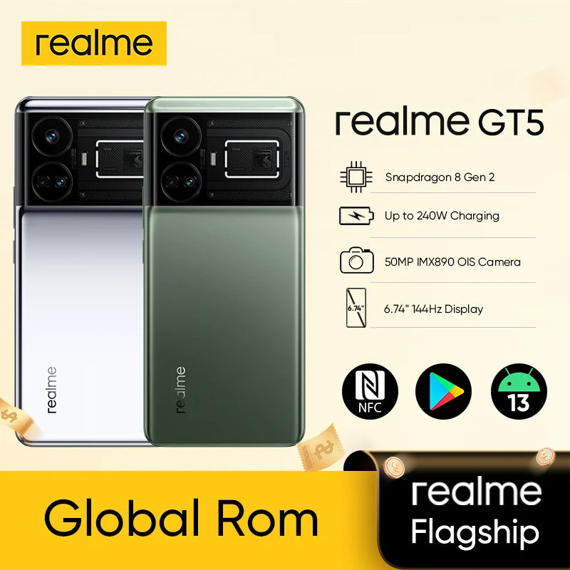 Unlocked Original Global ROM realme GT 5 5G Smartphone Snapdragon 8 Gen2 50MP IMX890 OIS 6.74" 144Hz NFC GT5 UP to 24GB 1TB 240W