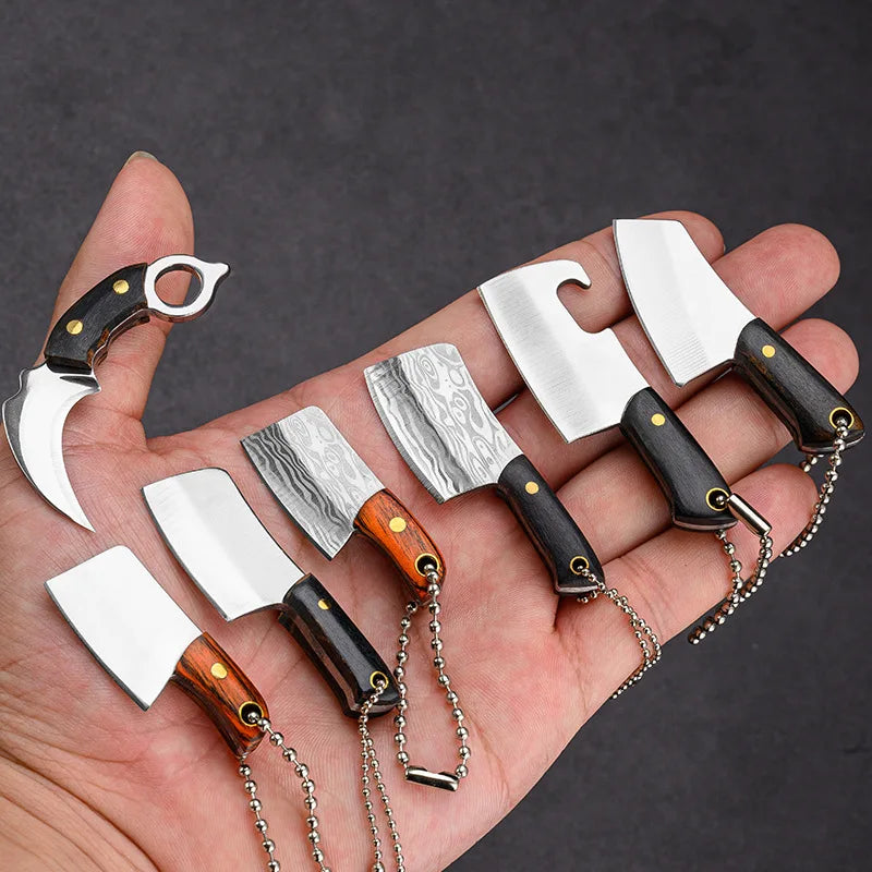 Stainless Steel Mini Axe Keychain with Small Leather Sleeve Portable Wood Handle Hatchet Express Knife Cutter