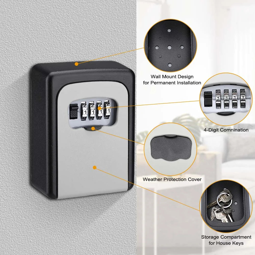 Camluxy Password Lock Storage Box Wall Mount 4 Digit Combination Metal Password Key Box Outdoor Weatherproof Home Key Safe Box