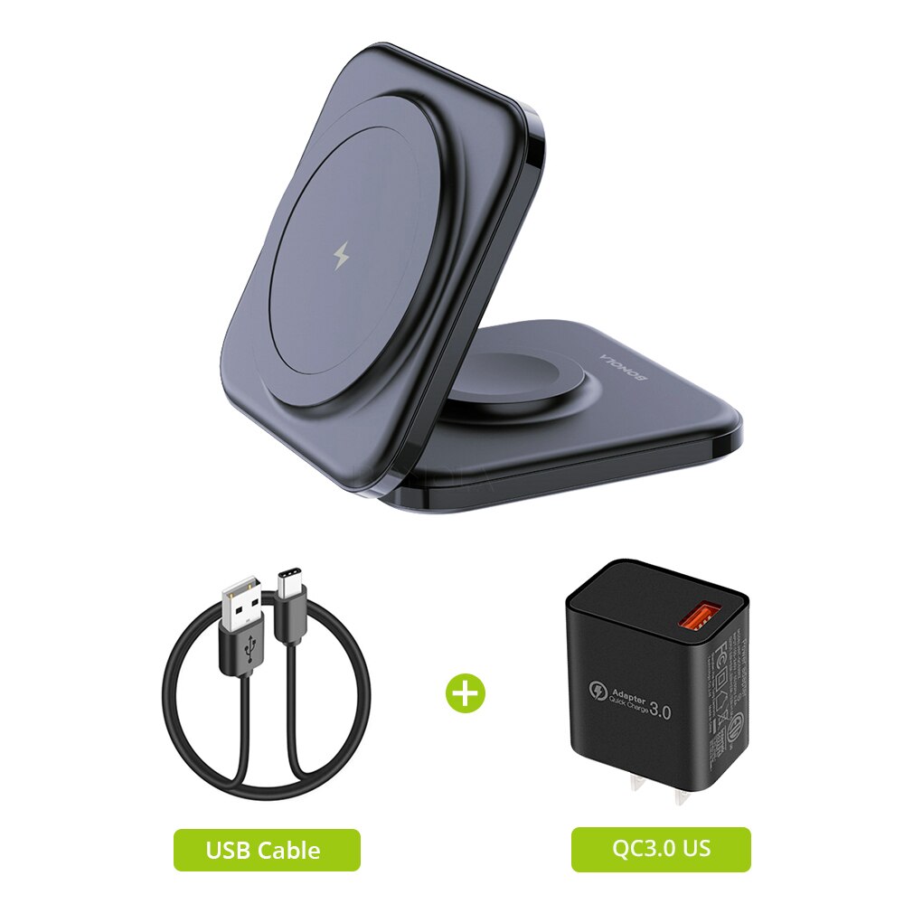 Bonola Magnetic Wireless Charger 2 in 1 Foldable Stand for iWatch Ultra/8/7/6 15W Fast Wireless Charging for iPhone 14 Pro/13/12