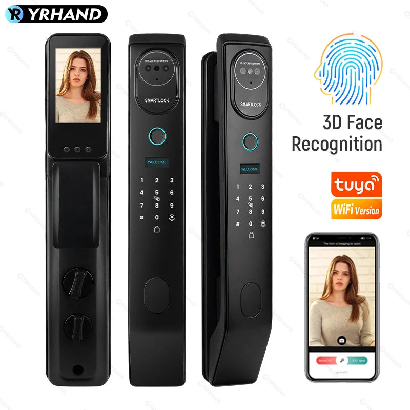 YRHAND V8 Tuya Wifi 3D Face Smart Door Lock Security Camera Intelligent Fingerprint Password Biometric Electronic Key Unlock