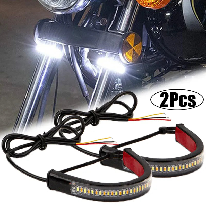1/2Pcs Universal LED Motorcycle Turn Signal Light & DRL Amber White Moto Flasher Ring Fork Strip Lamp Flashing Blinker 12V