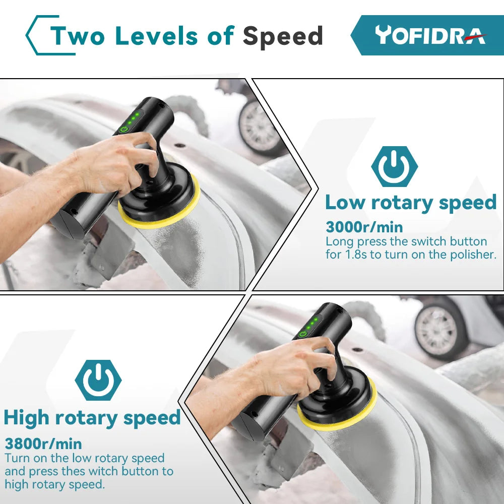 Yofidra 3800RPM Wireless Polisher Car Electric Polishing Machine Adjustable Speed Waxer with Foam Wool Pads for Waxing Buffing