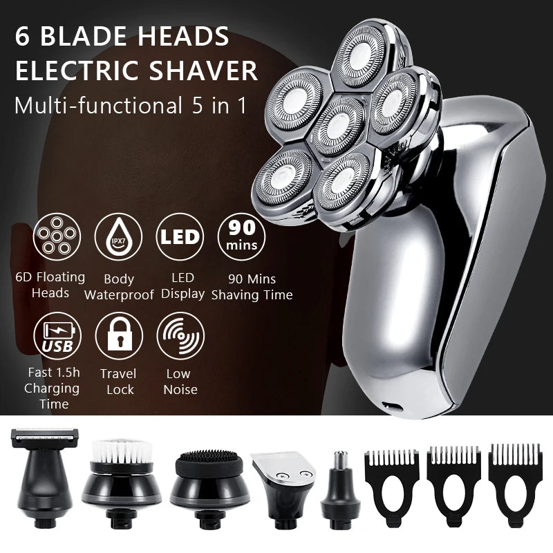 NEW 6 in 1 Multifunction Rechargeable Electric Men Electric Shaver 6D Floating Heads Low Noise Balde Mens Head Shaver For Men