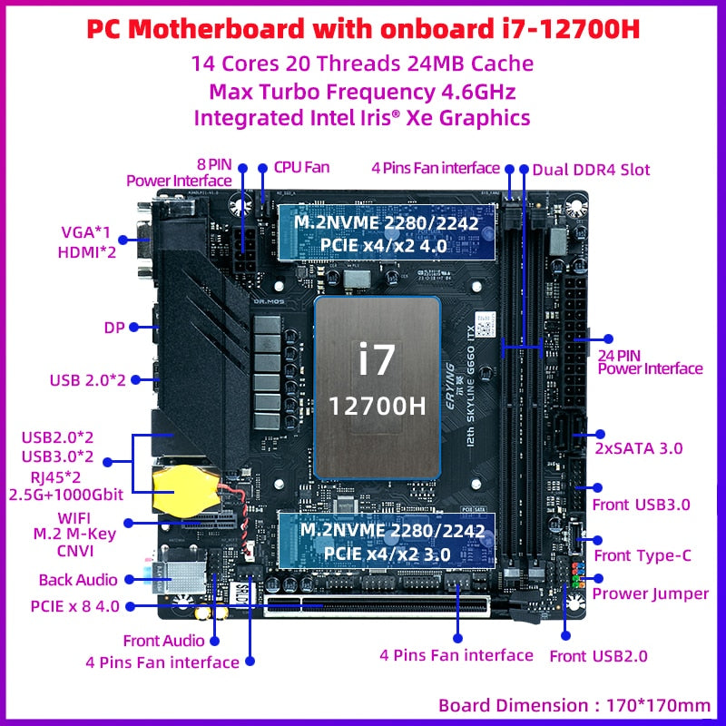 ERYING M-ITX Desktops B660i Motherboard with Onboard CPU Core Interpose Kit i7 12700H SRLD1 i7-12700H 14C20T DDR4 Gaming PC