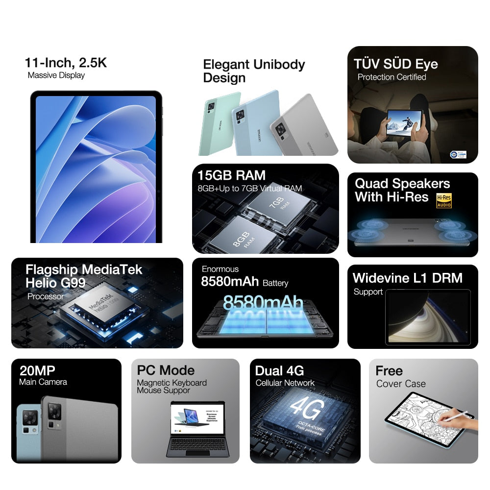 World Premiere DOOGEE T30 Pro Tablet MediaTek Helio G99 11'' 2.5K TÜV Certified 8GB+256GB 8580mAh 20MP Main Camera Android 13